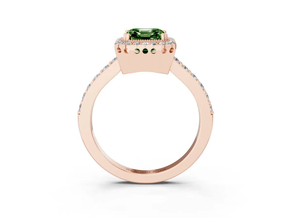 Fancy Green Asscher Cut Cut Diamond Halo Engagement Ring with Milgrain Detail and Pavé Band Rose gold