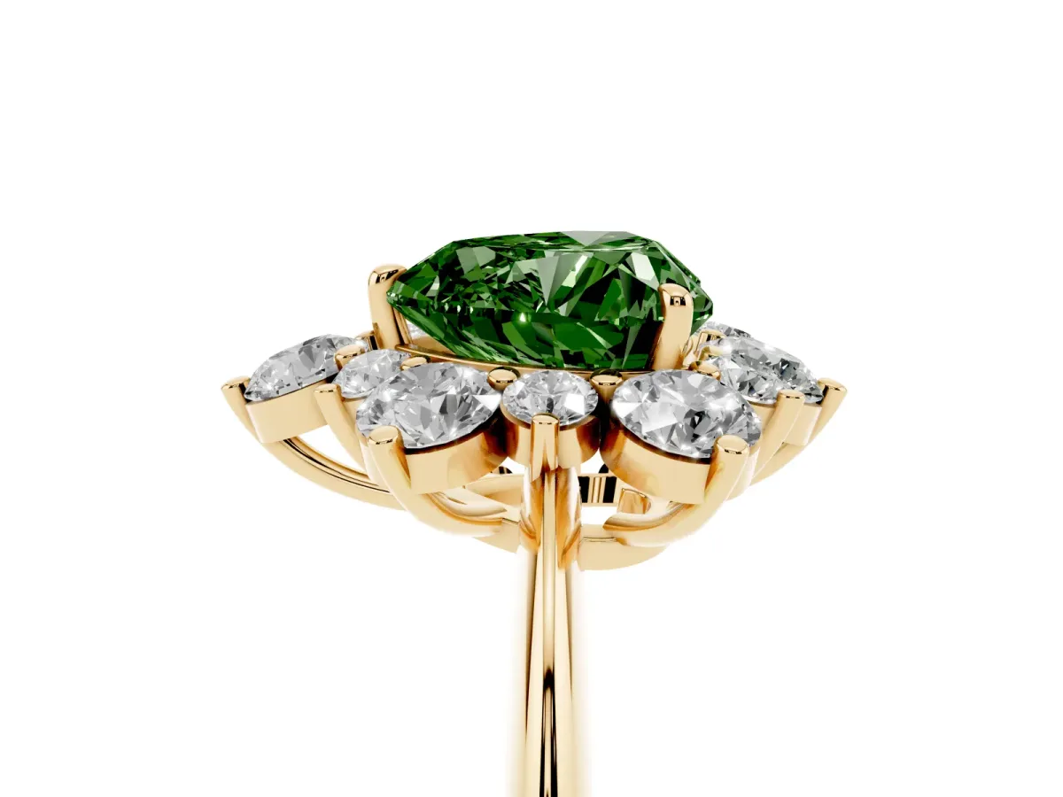 Fancy Green Heart Cut Diamond Cluster Halo Ring with Solitaire Band and Four-Prong Setting Yellow gold