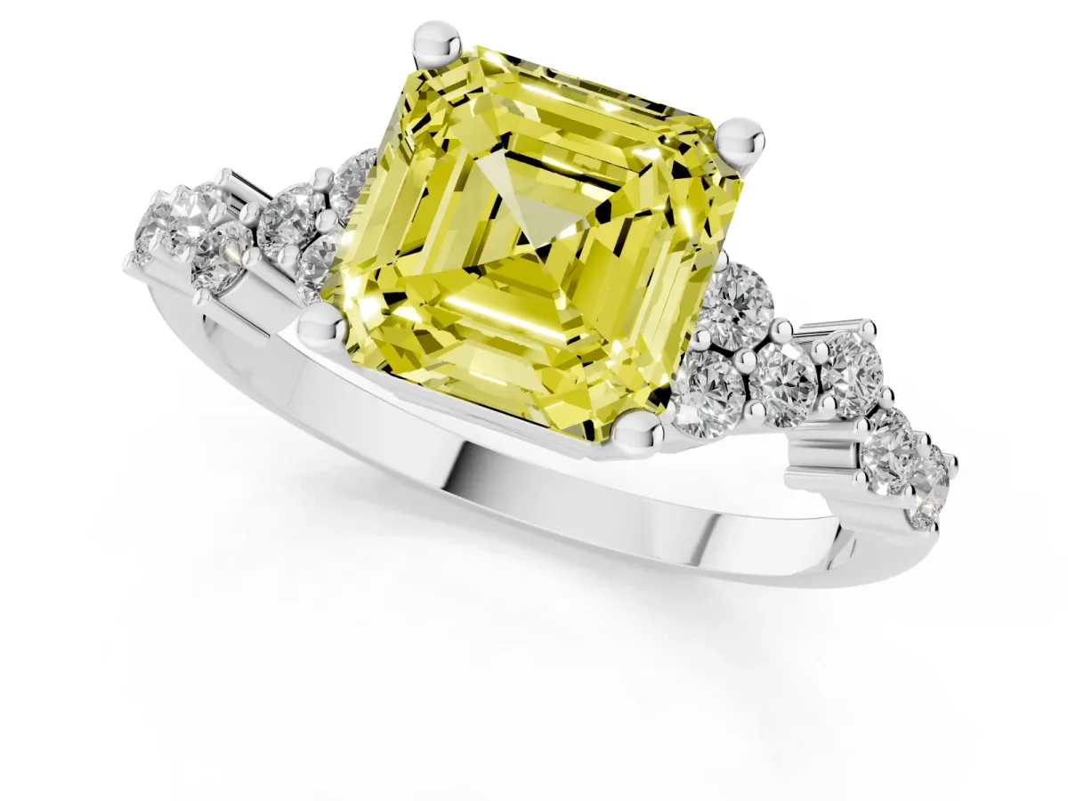 Fancy Yellow Asscher Cut Diamond Scattered Round Accent Ring with Prong Setting Silver