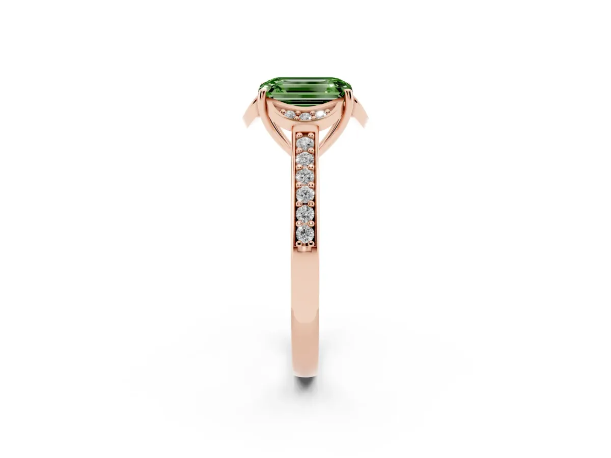 Fancy Green Emerald Cut Cut Halo Diamond Ring with Channel Set Band and Four-Prong Setting Rose gold