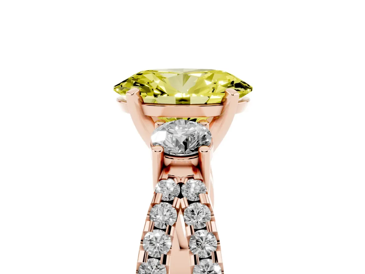 Fancy Yellow Oval Cut Diamond Three-Stone Ring with Pavé Split Shank and Four-Prong Setting Rose gold