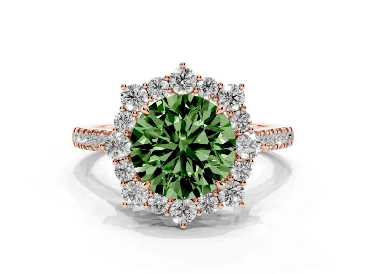 Fancy Green Round Cut Halo Diamond Ring with Pavé Band and Prong Setting Rose gold