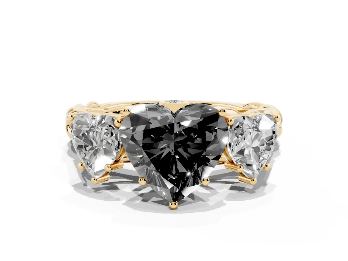 Fancy Black Three-Stone Heart Cut Diamond Braided Band Ring with Four-Prong Setting Yellow gold