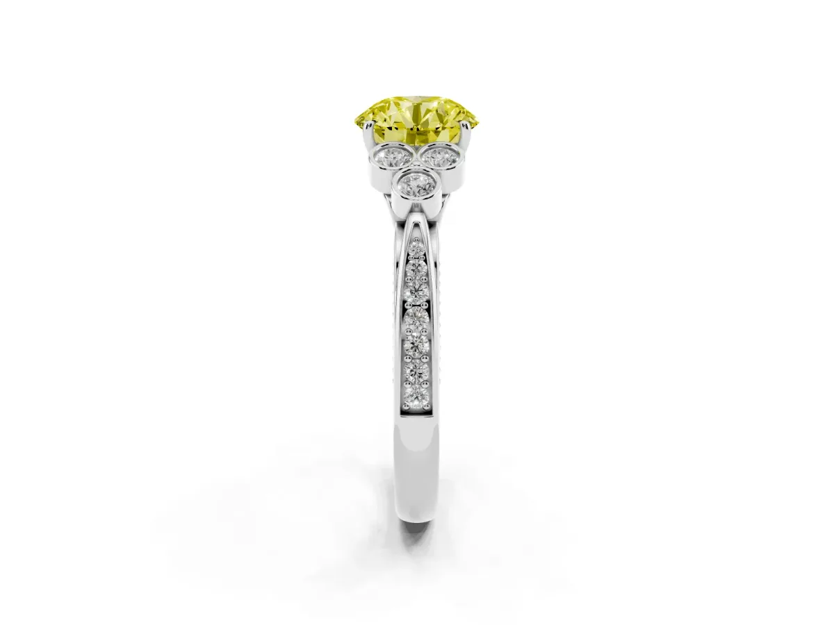 Fancy Yellow Round Cut Cut Diamond Engagement Ring with Bezel Set Round Side Stones and Prong Setting Silver