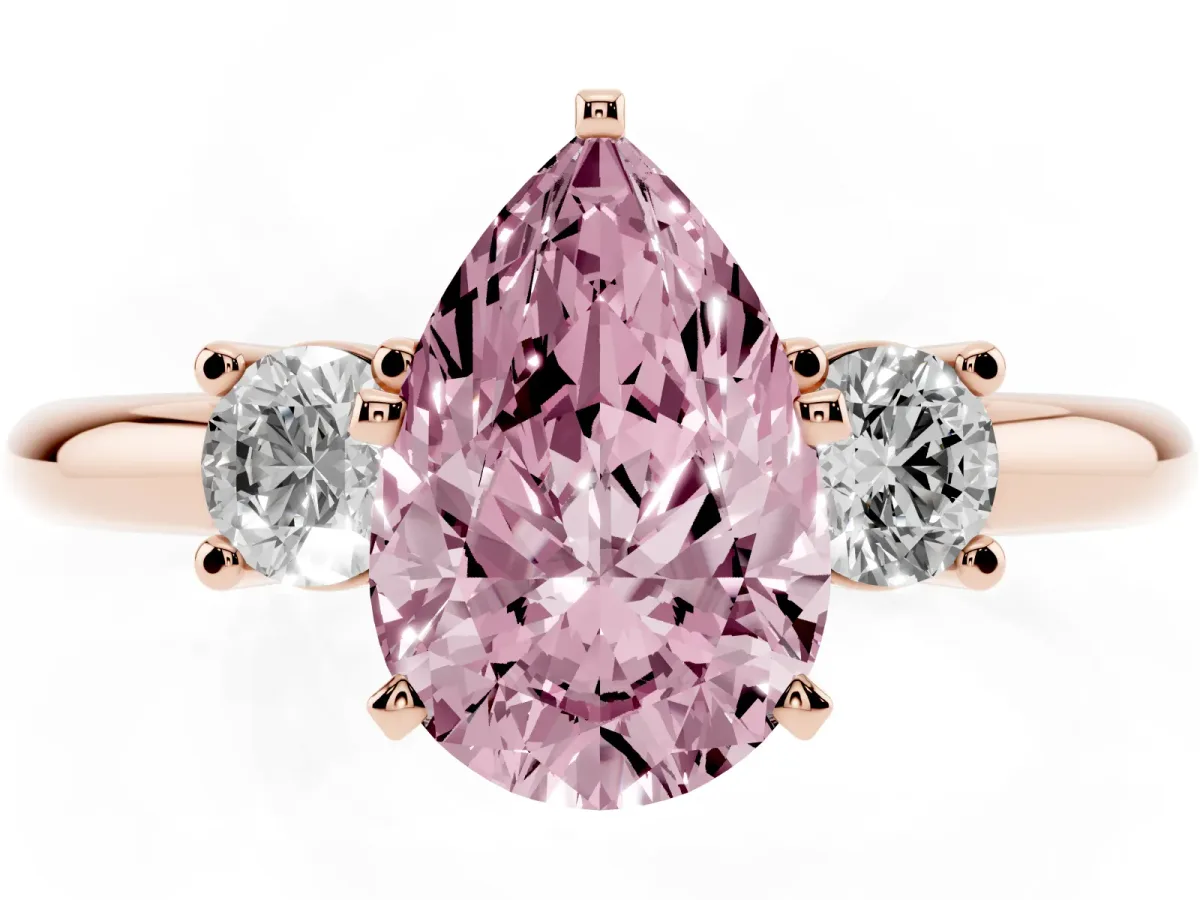 Fancy Pink Three-Stone Pear Cut Cut Diamond Solitaire with Prong Setting and Classic Band Rose gold
