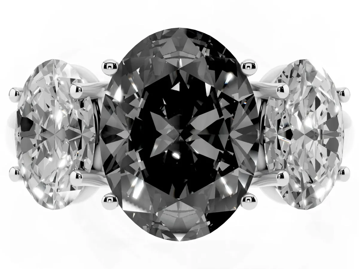 Fancy Black Three-Stone Oval Cut Diamond Engagement Ring with Prong Setting White gold
