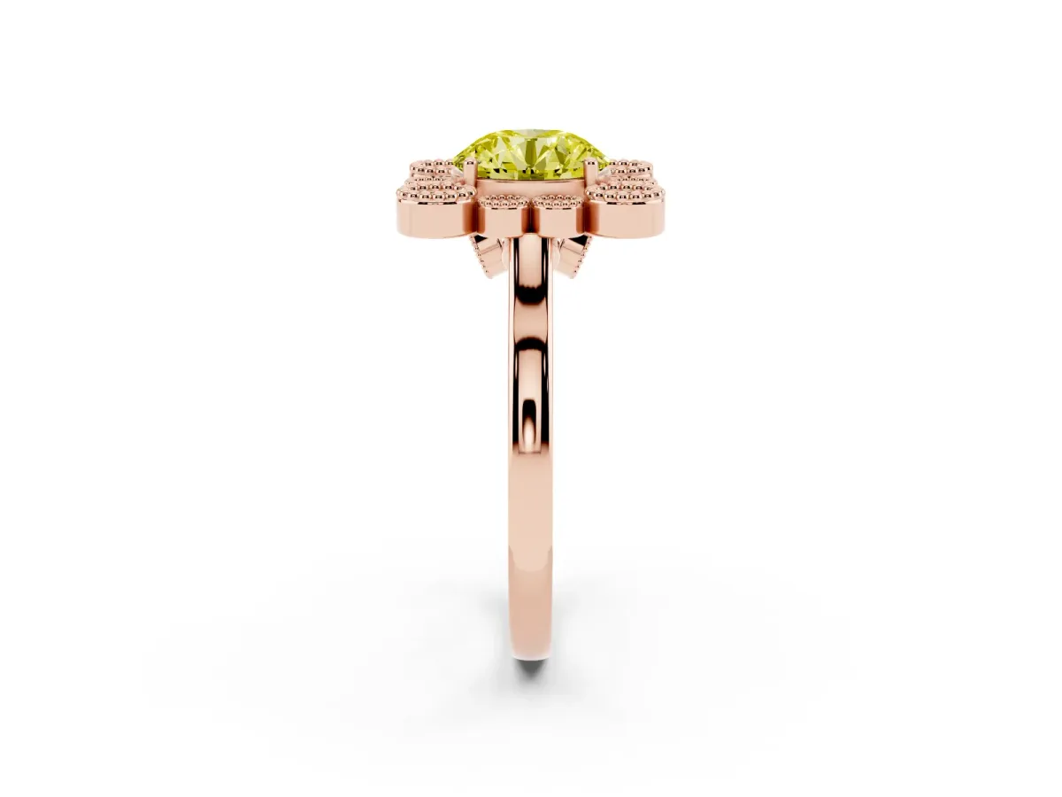 Fancy Yellow Round Cut Halo Diamond Cluster Engagement Ring with Milgrain Bezel Setting and Solitaire Band Rose gold