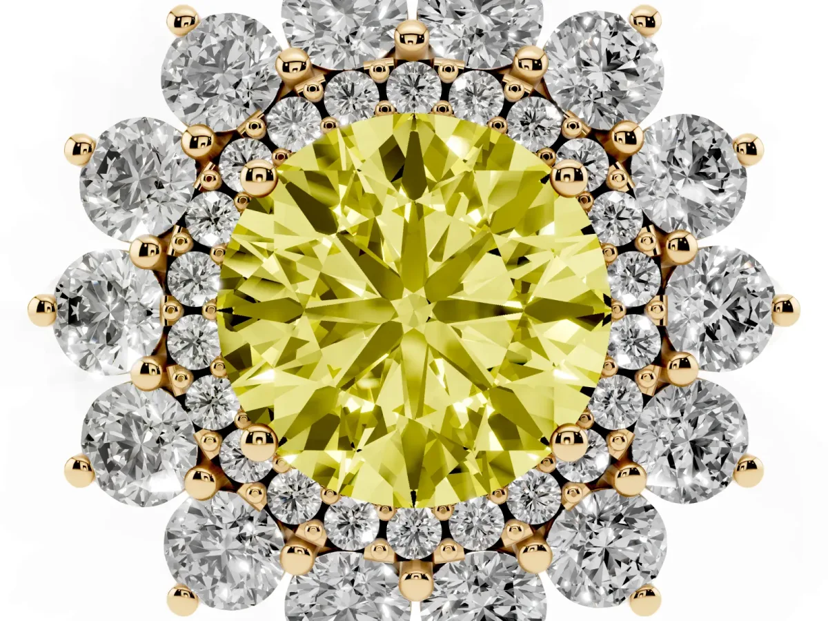Fancy Yellow Round Cut Diamond Floral Double Halo Engagement Ring with Prong Setting Yellow gold