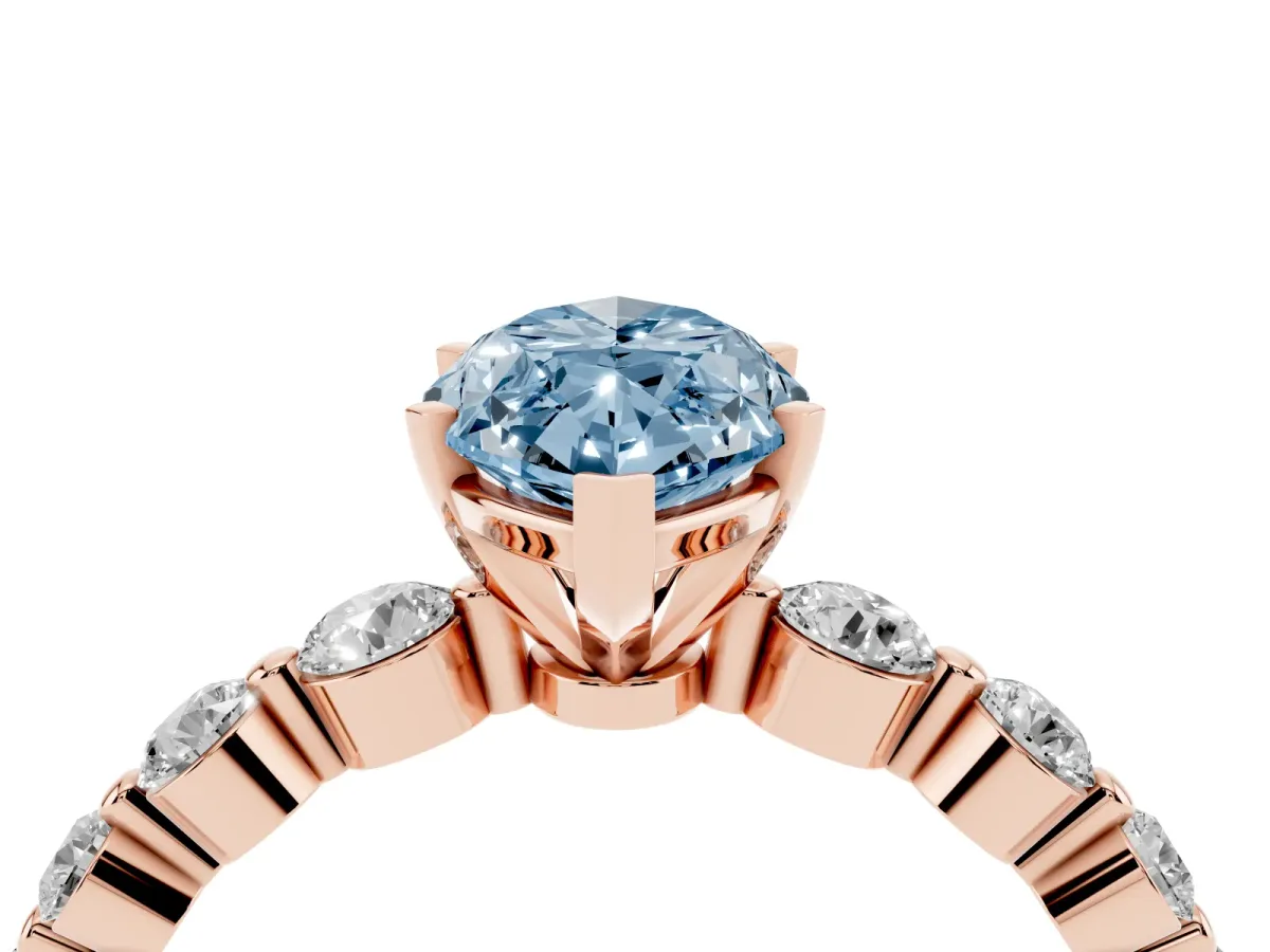 Fancy Blue Marquise Cut Solitaire Diamond Ring with Pave Band and Four-Prong Setting Rose gold