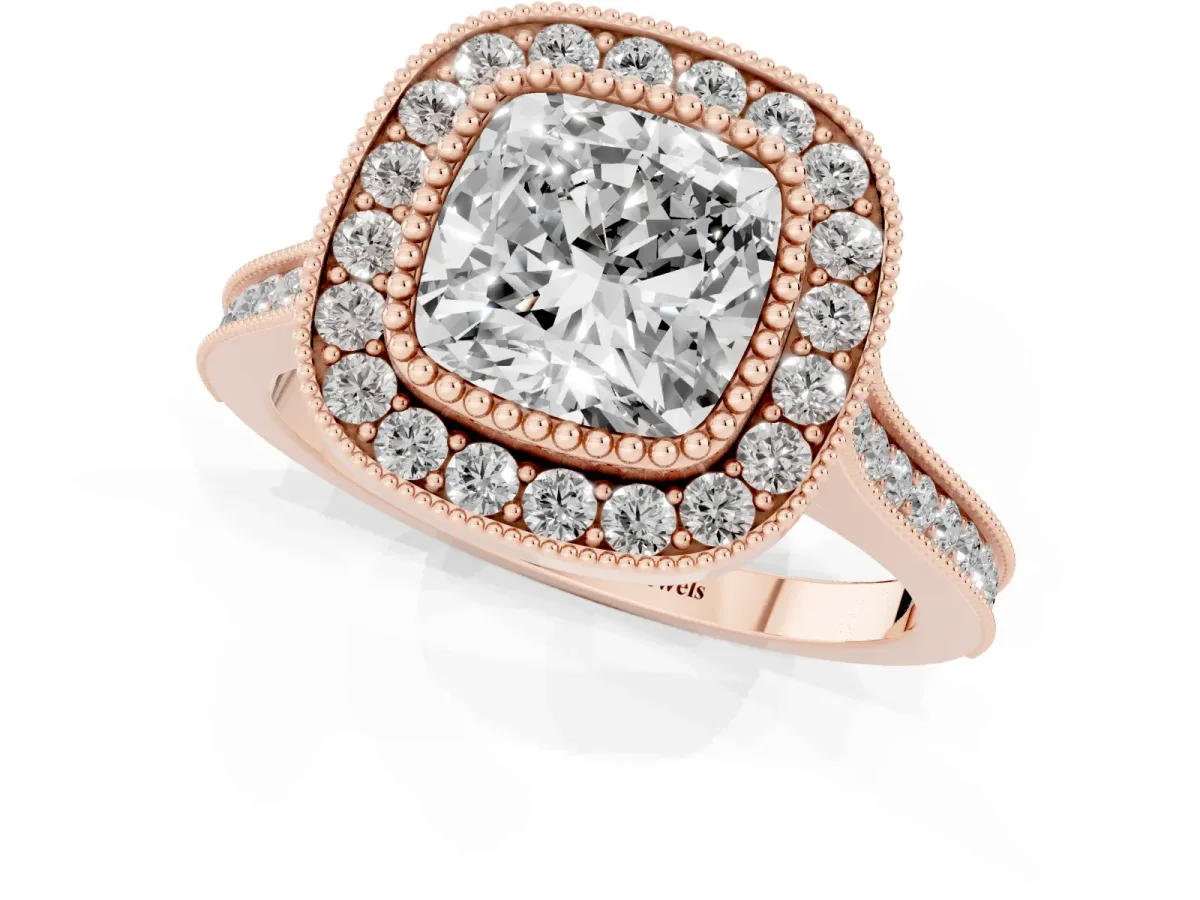 Cushion Cut Diamond Halo Ring with Milgrain Frame and Pavé Band Rose gold