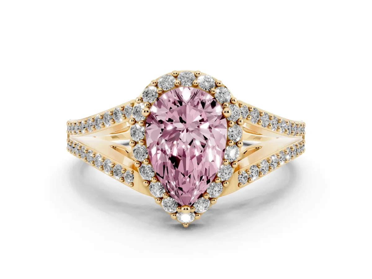 Fancy Pink Pear Cut Halo Split Shank Pave Diamond Ring with Four-Prong Setting Yellow gold