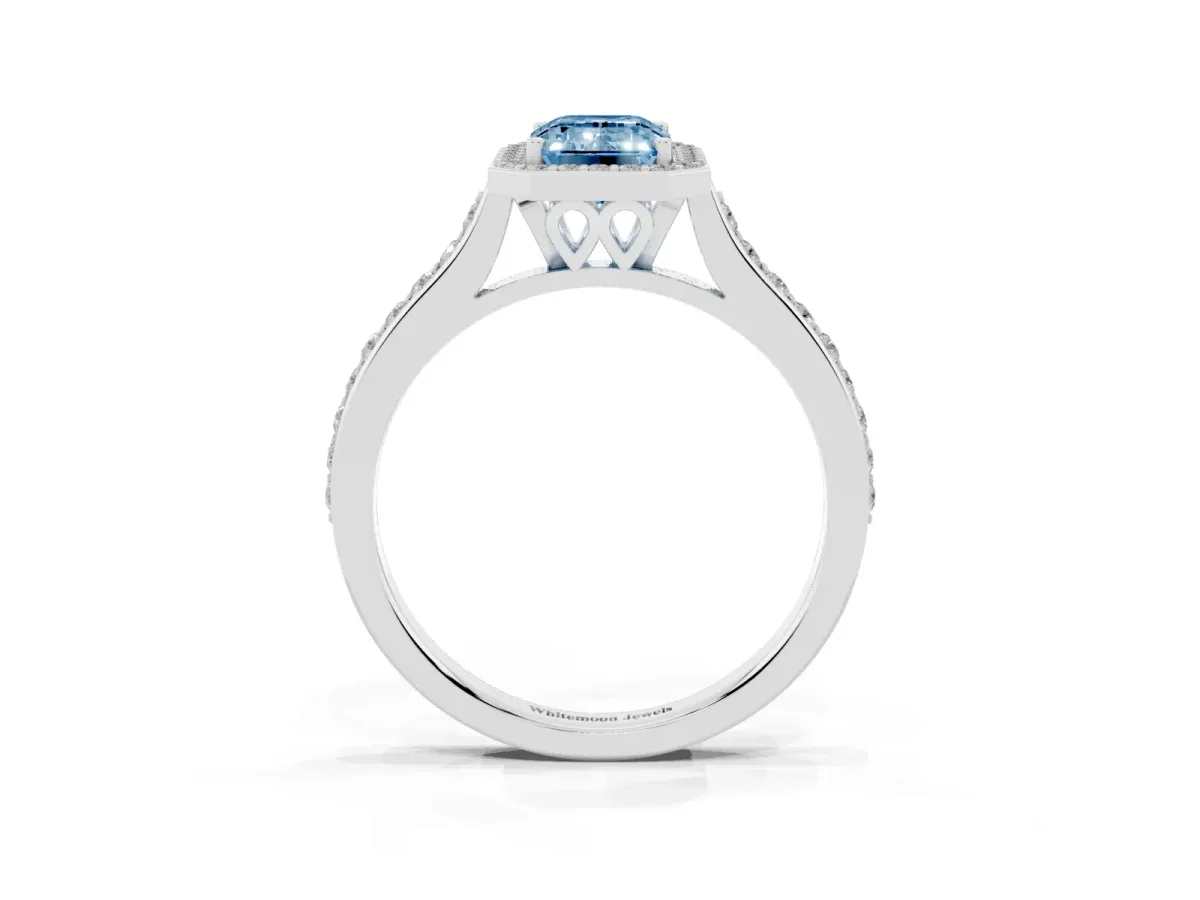 Fancy Blue Emerald Cut Diamond Halo Engagement Ring with Round Pavé Shoulders and Prong Setting Platinum