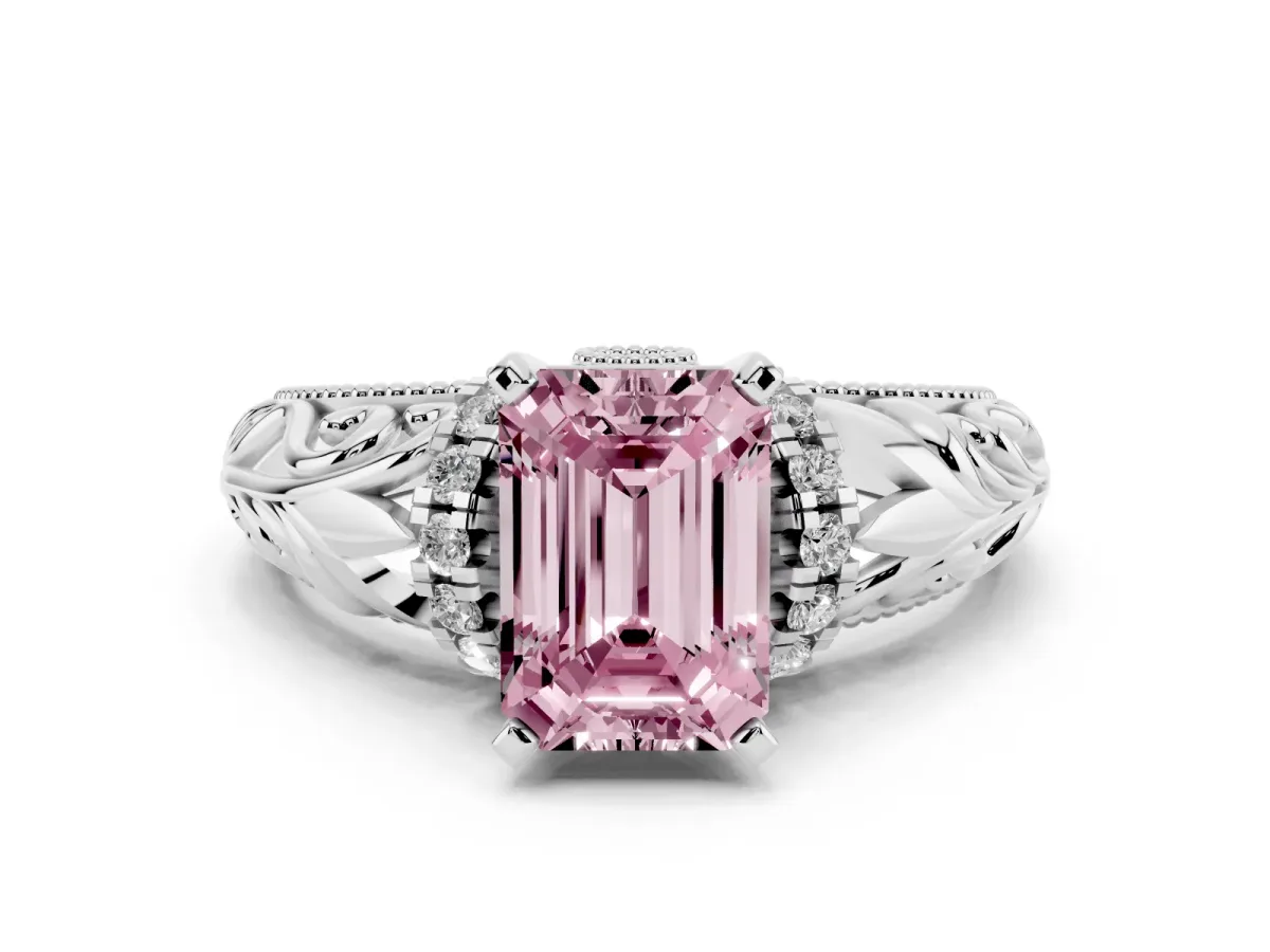 Fancy Pink Emerald Cut Solitaire Filigree Engagement Ring with Halo and Prong Setting Silver
