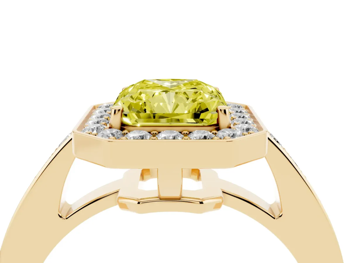 Fancy Yellow Radiant Cut Halo Pavé Diamond Engagement Ring with Bezel Setting Yellow gold