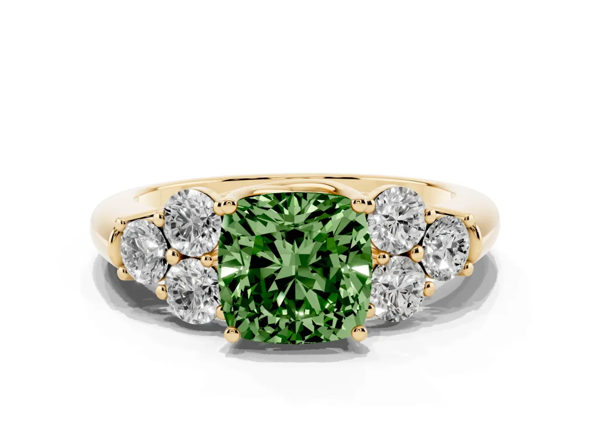 Fancy Green Cushion Cut Cut Diamond Cluster Ring with Round Accent Stones and Prong Setting on a Classic Band Yellow gold