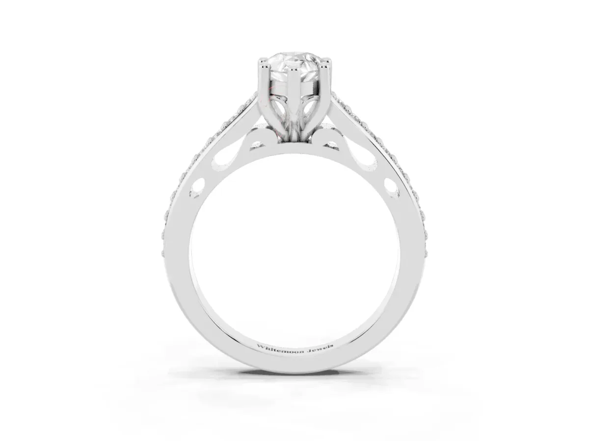 Pear Cut Solitaire Prong Set Diamond Engagement Ring with Pave Band Silver