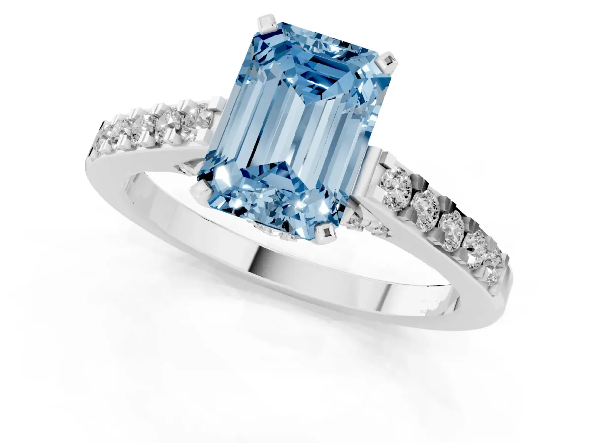 Fancy Blue Emerald Cut Diamond Solitaire Ring with Crossover Gallery and Round Pavé Band Platinum