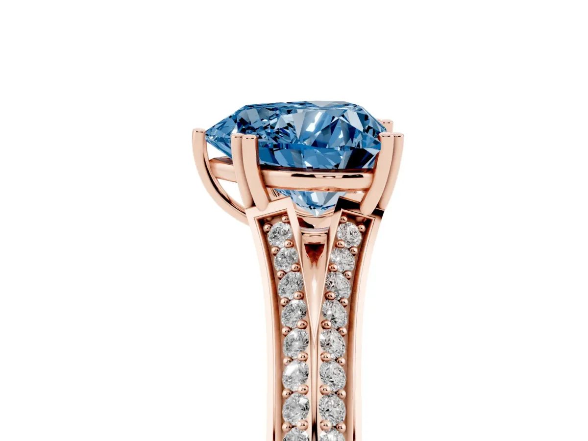 Fancy Blue Heart Cut Diamond Split Shank Engagement Ring with Pavé Band Rose gold