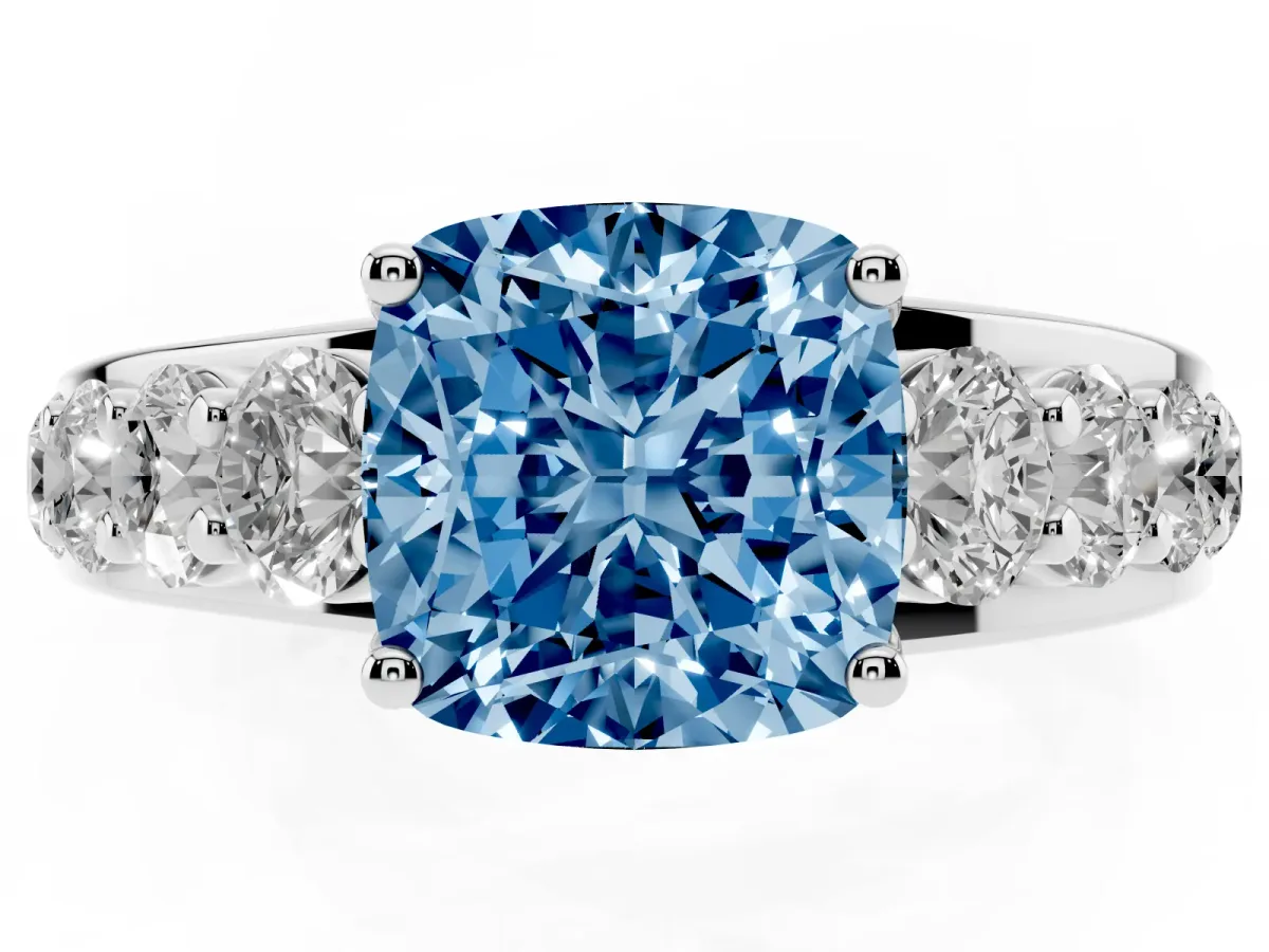 Fancy Blue Cushion Cut Diamond Engagement Ring with Pavé Band and Four-Prong Setting Silver