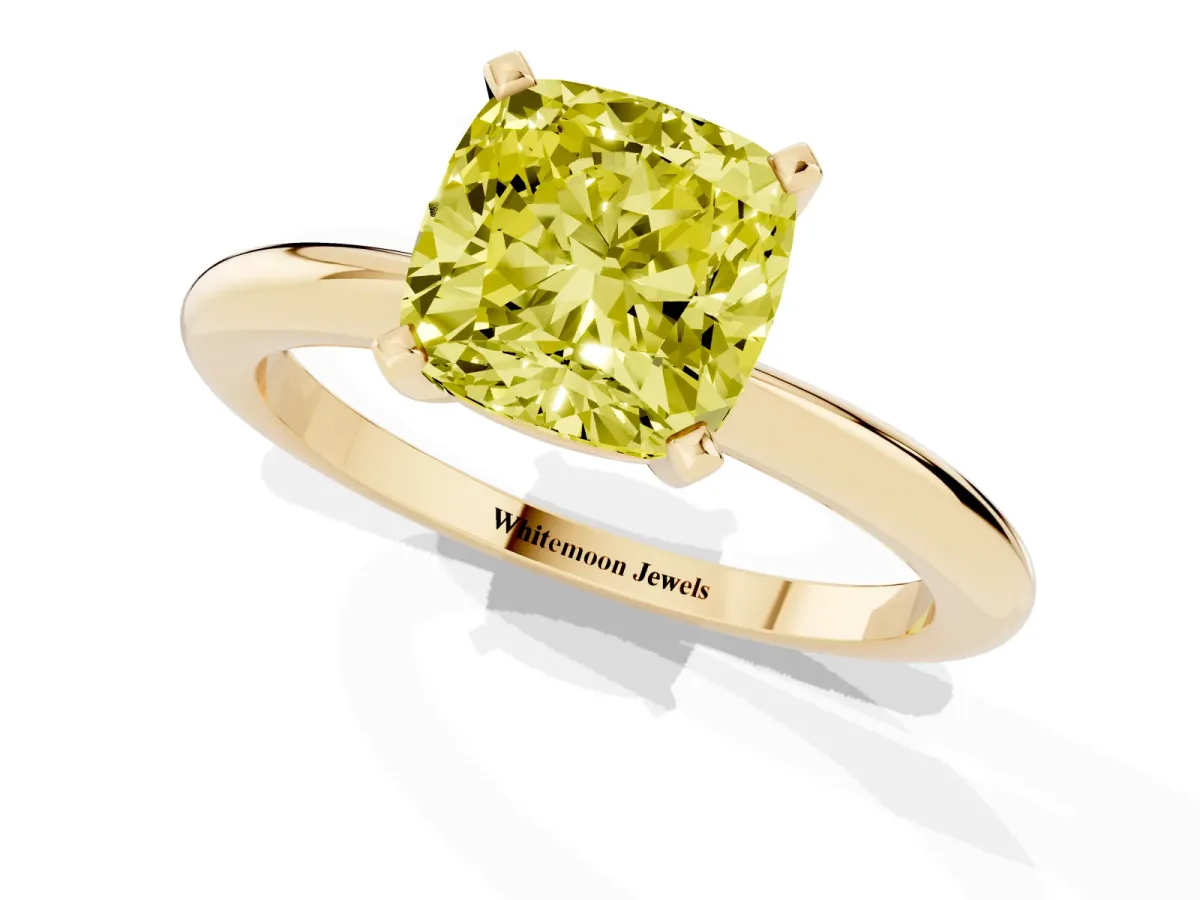 Fancy Yellow Cushion Cut Diamond Solitaire Ring with Prong Setting and Classic Band Yellow gold