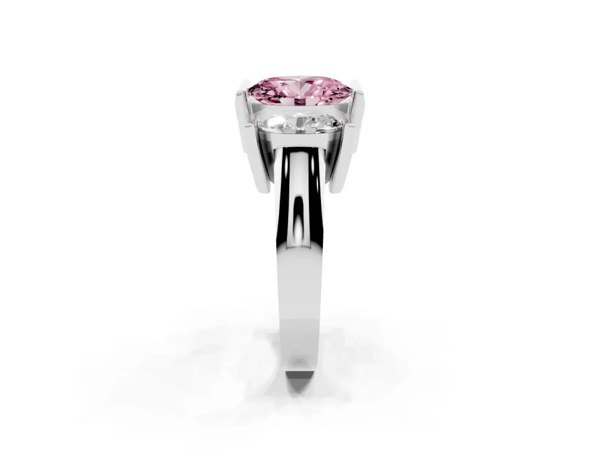 Fancy Pink Three Stone Oval Cut Cut Channel Set Diamond Ring Platinum