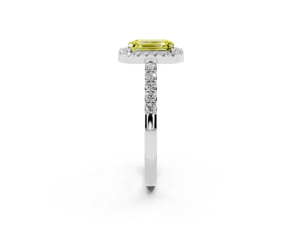 Fancy Yellow Emerald Cut Halo Diamond Pavé Solitaire Ring Silver