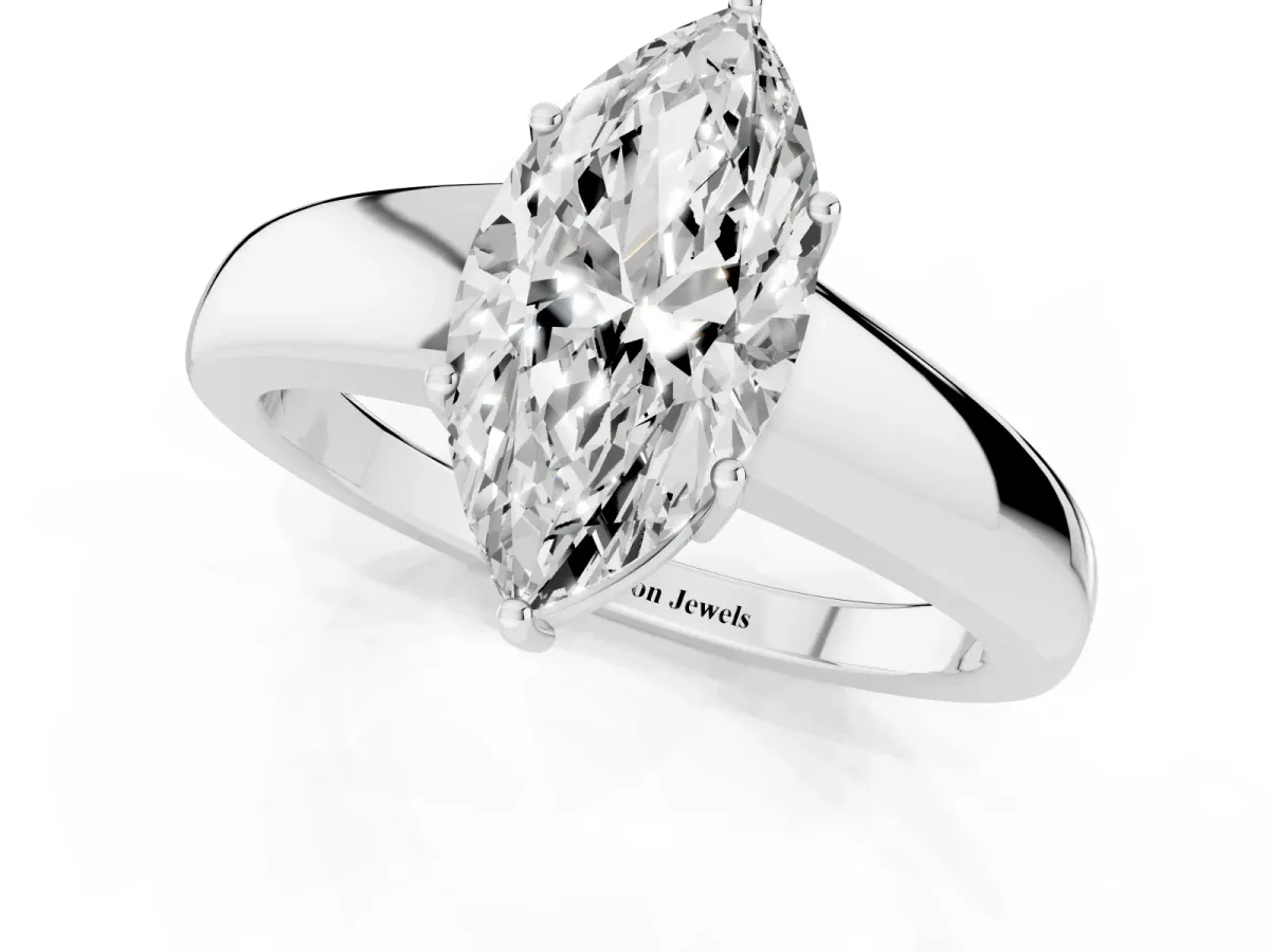 Marquise Cut Solitaire Diamond Ring with Tapered Band and Four-Prong Setting Platinum