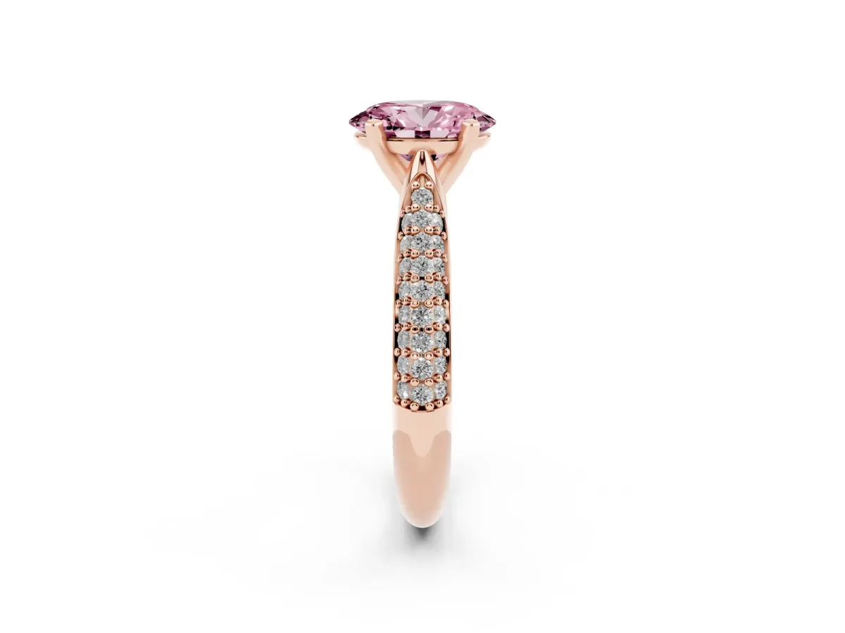 Fancy Pink Oval Cut Diamond Solitaire Engagement Ring with Multi-Row Round Pavé Band and Prong Setting Rose gold