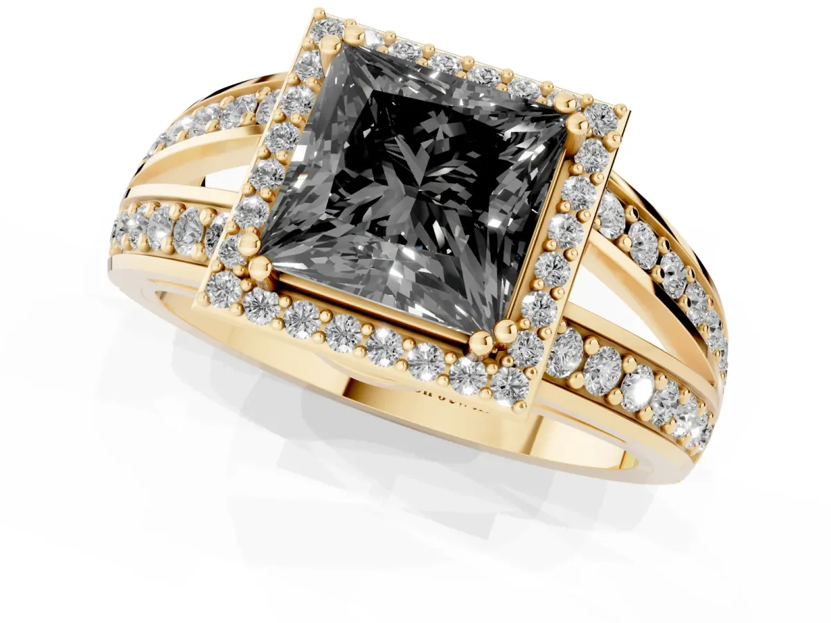 Fancy Black Princess Cut Diamond Halo Ring with Split Shank Pavé Band and Four-Prong Setting Yellow gold