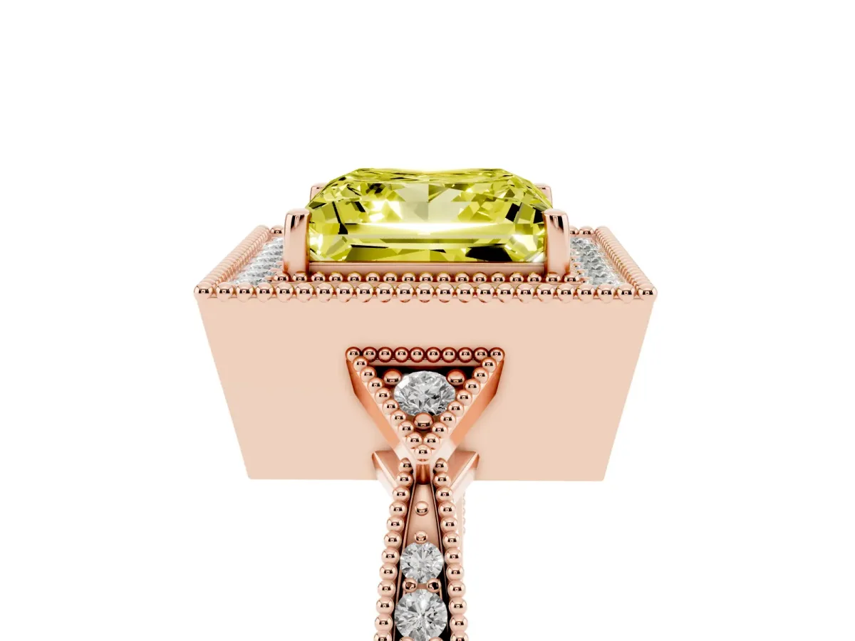 Fancy Yellow Princess Cut Halo Round Diamond Milgrain Pave Engagement Ring Rose gold