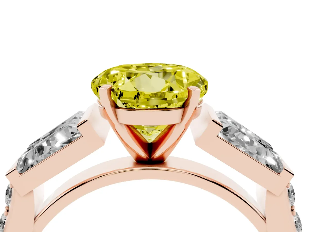 Fancy Yellow Round Cut Diamond Engagement Ring with Baguette Side Stones and Channel Set Band Rose gold