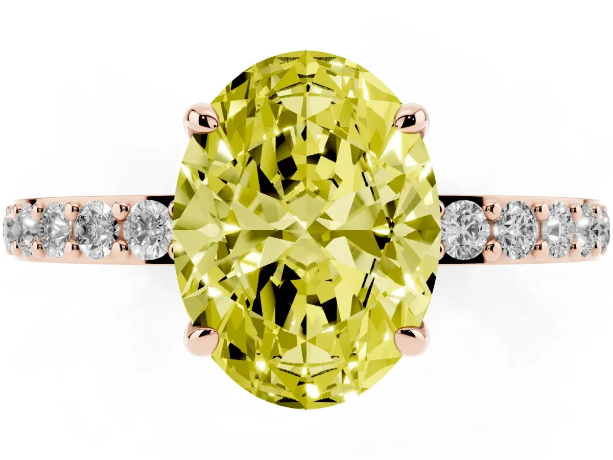 Fancy Yellow Oval Cut Diamond Pavé Engagement Ring with Round Accents and Prong Setting Rose gold