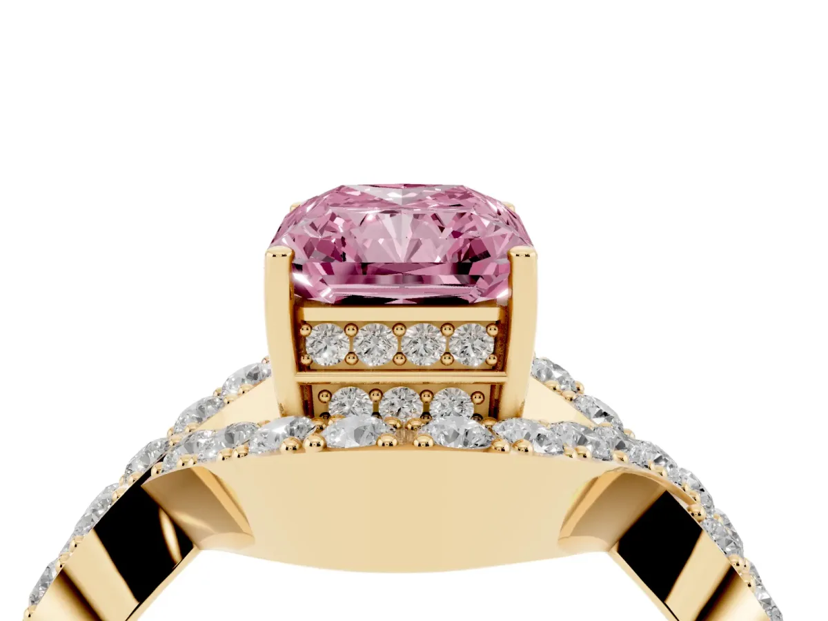 Fancy Pink Radiant Cut Solitaire Twist Band Pavé Diamond Engagement Ring Yellow gold