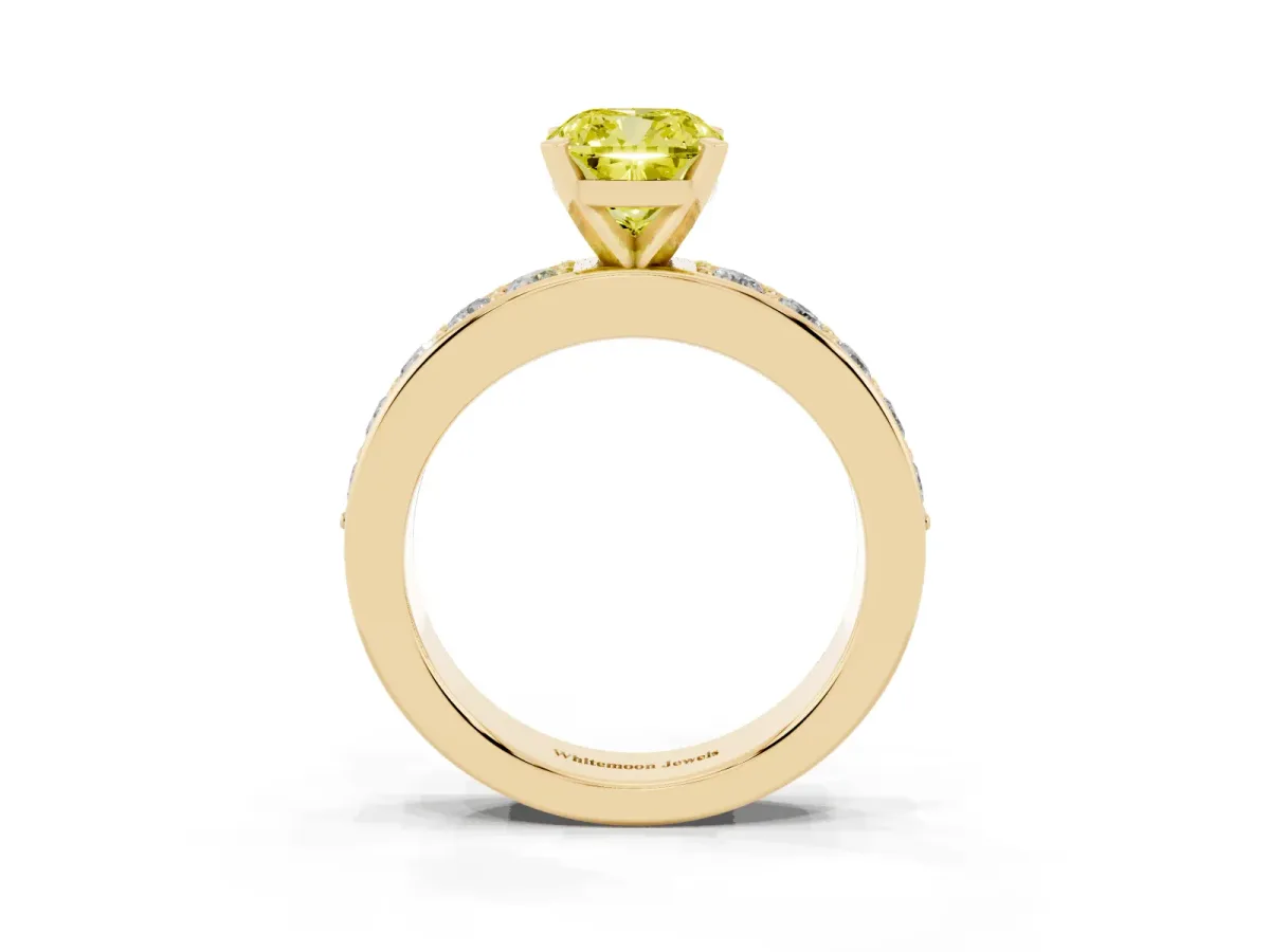 Fancy Yellow Cushion Cut Diamond Engagement Ring with Channel Set Round Band and Prong Setting Yellow gold