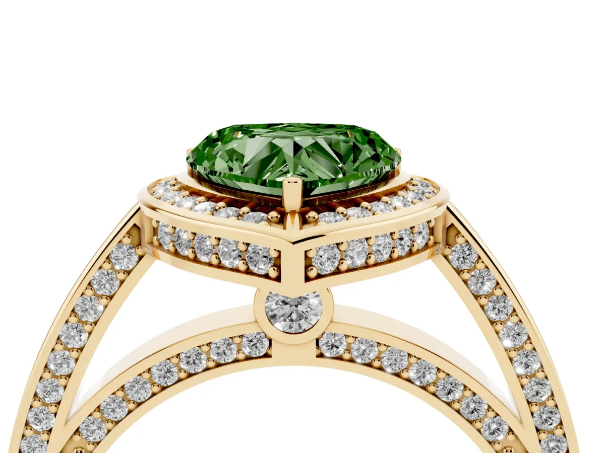 Fancy Green Heart Cut Cut Halo Pave Split Shank Prong Setting Ring Yellow gold