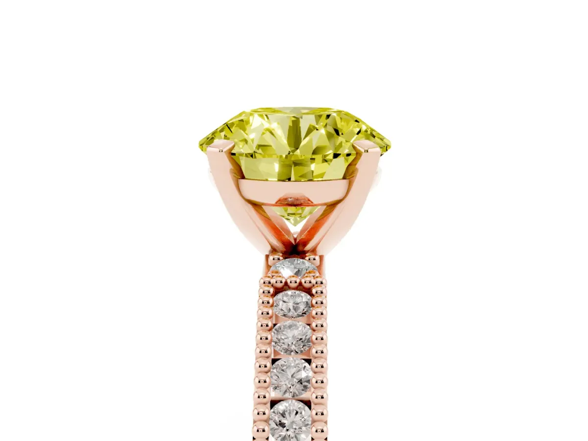 Fancy Yellow Round Cut Solitaire with Pavé Band and Four-Prong Setting Rose gold