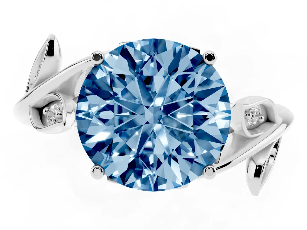 Fancy Blue Round Cut Solitaire Twist Engagement Ring with Leaf Accents and Prong Setting Silver