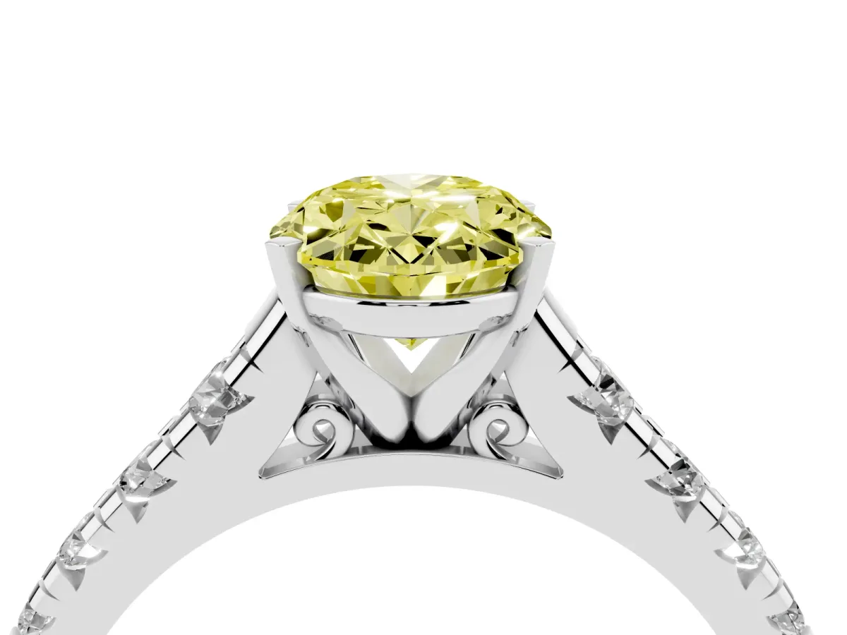 Fancy Yellow Oval Cut Diamond Cathedral Solitaire Ring with Round Pavé Band Silver