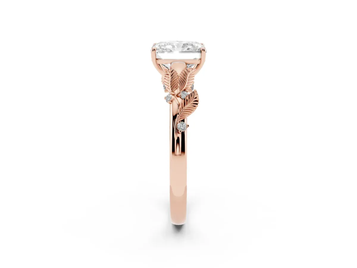 Radiant Cut Diamond Solitaire Ring with Leaf Motif Band and Four-Prong Setting Rose gold