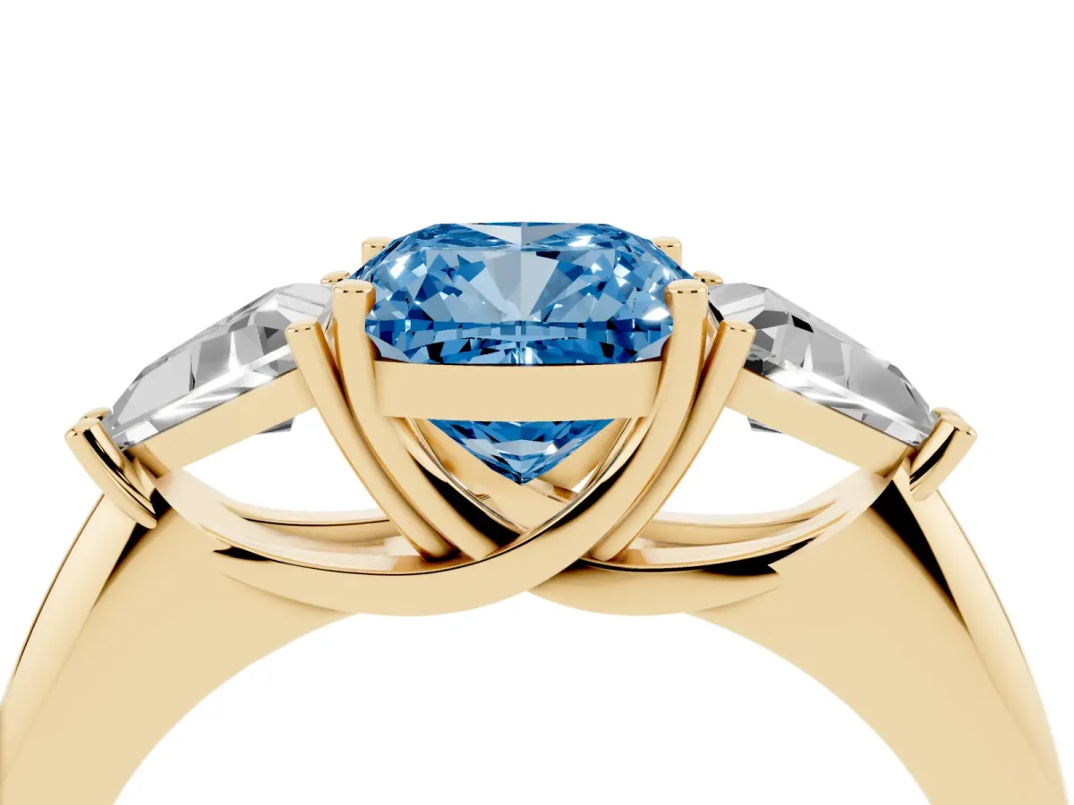 Fancy Blue Three-Stone Cushion Cut Diamond Engagement Ring with Trillion Side Stones and Prong Setting Yellow gold