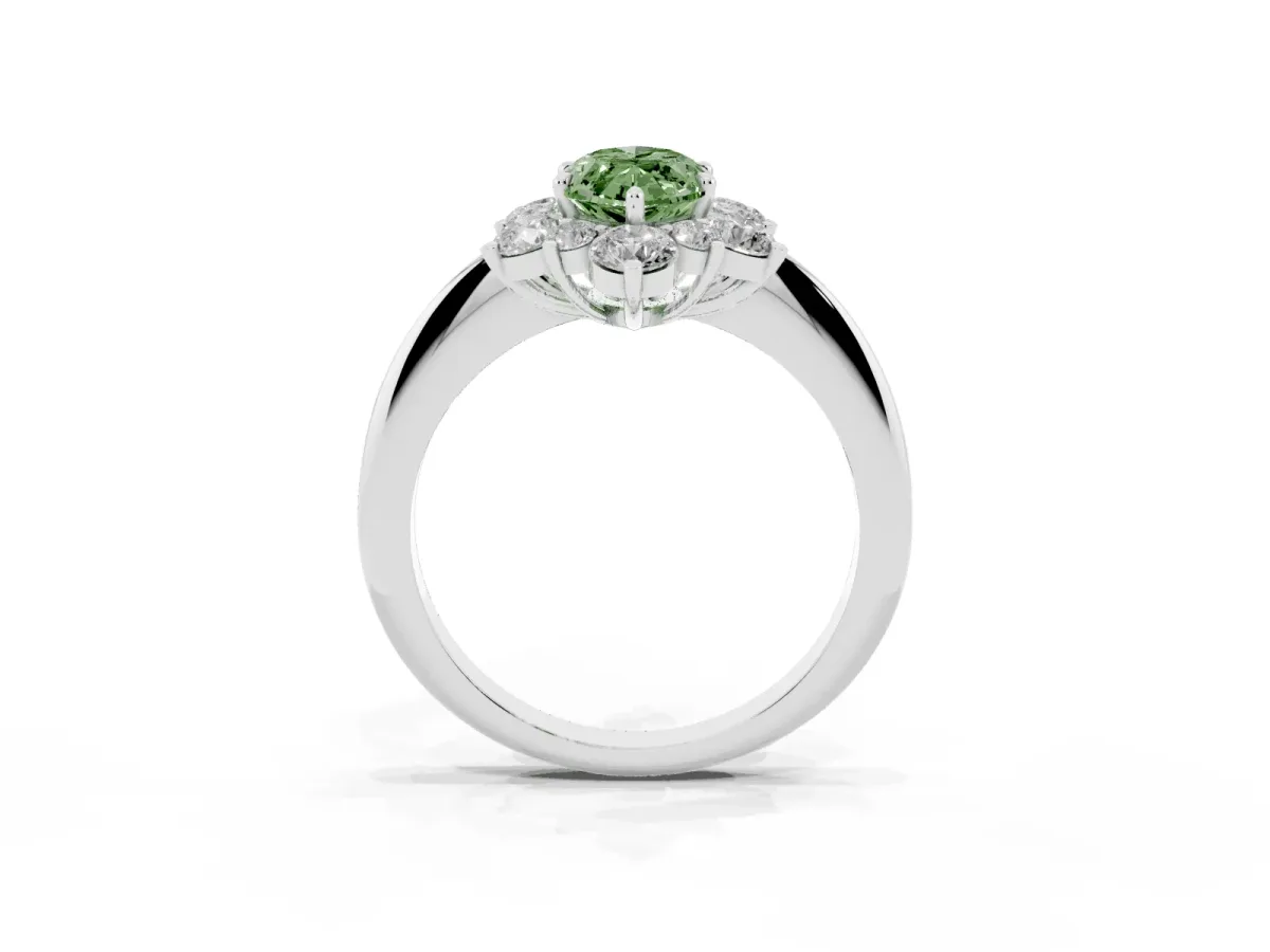 Fancy Green Marquise Cut Diamond Cluster Halo Ring with Solitaire Band and Four-Prong Setting Platinum