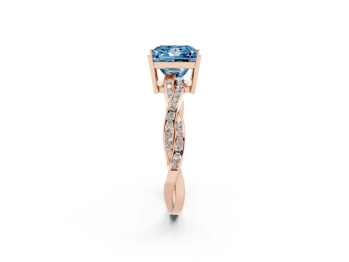 Fancy Blue Princess Cut Solitaire Twisted Pave Diamond Ring with Four-Prong Setting Rose gold