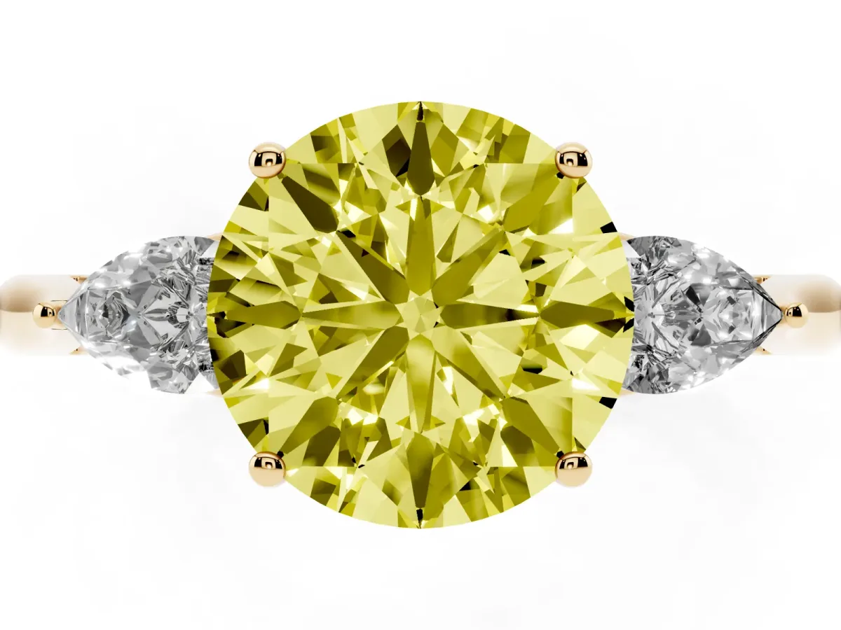 Fancy Yellow Round Cut Diamond Three-Stone Ring with Pear Side Stones and Prong Setting Yellow gold
