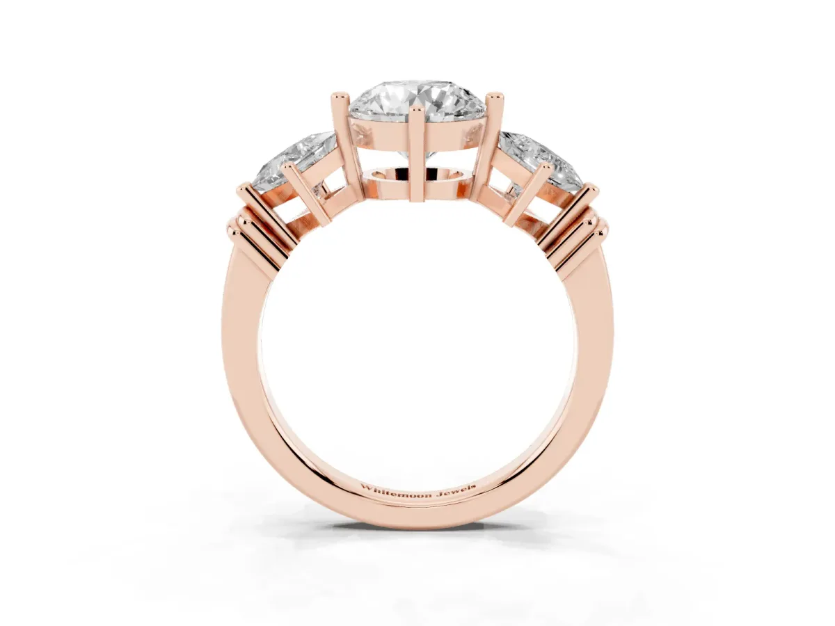 Three-Stone Round Cut and Princess Cut Diamond Ring with Channel Band and Four-Prong Setting Rose gold