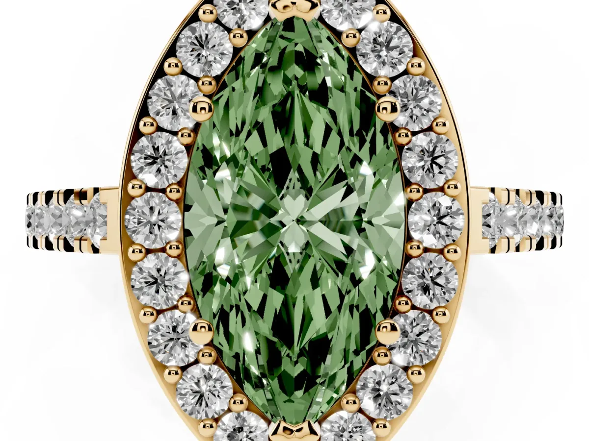 Fancy Green Marquise Cut Diamond Halo Ring with Round Pavé Split Shank and Prong Setting Yellow gold