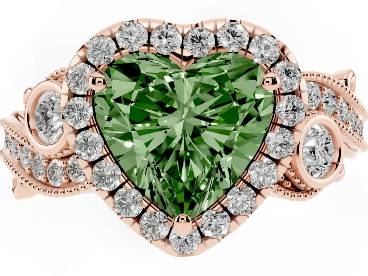 Fancy Green Heart Cut Halo Diamond Ring with Milgrain and Bezel Accents on a Split Shank Band Rose gold