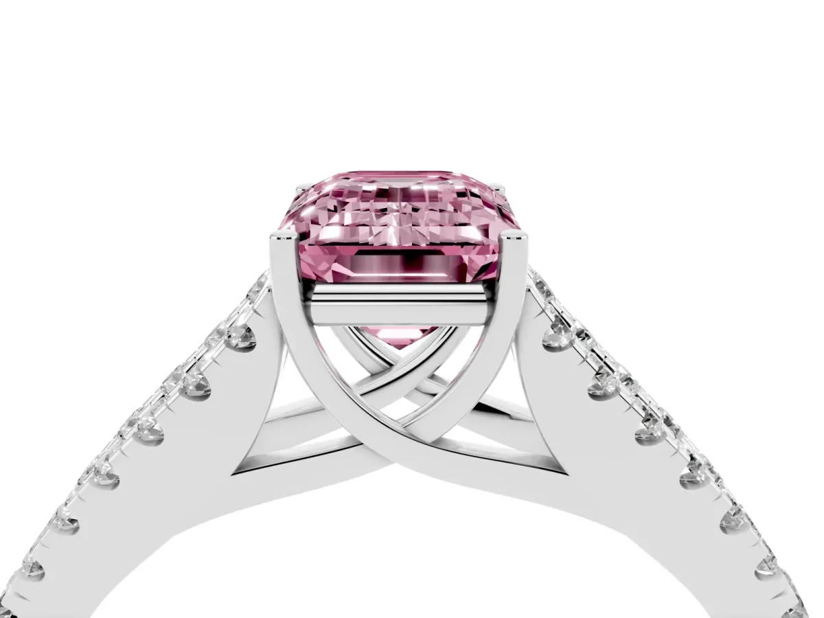 Fancy Pink Emerald Cut Diamond Split Shank Pavé Engagement Ring with Four-Prong Setting Platinum