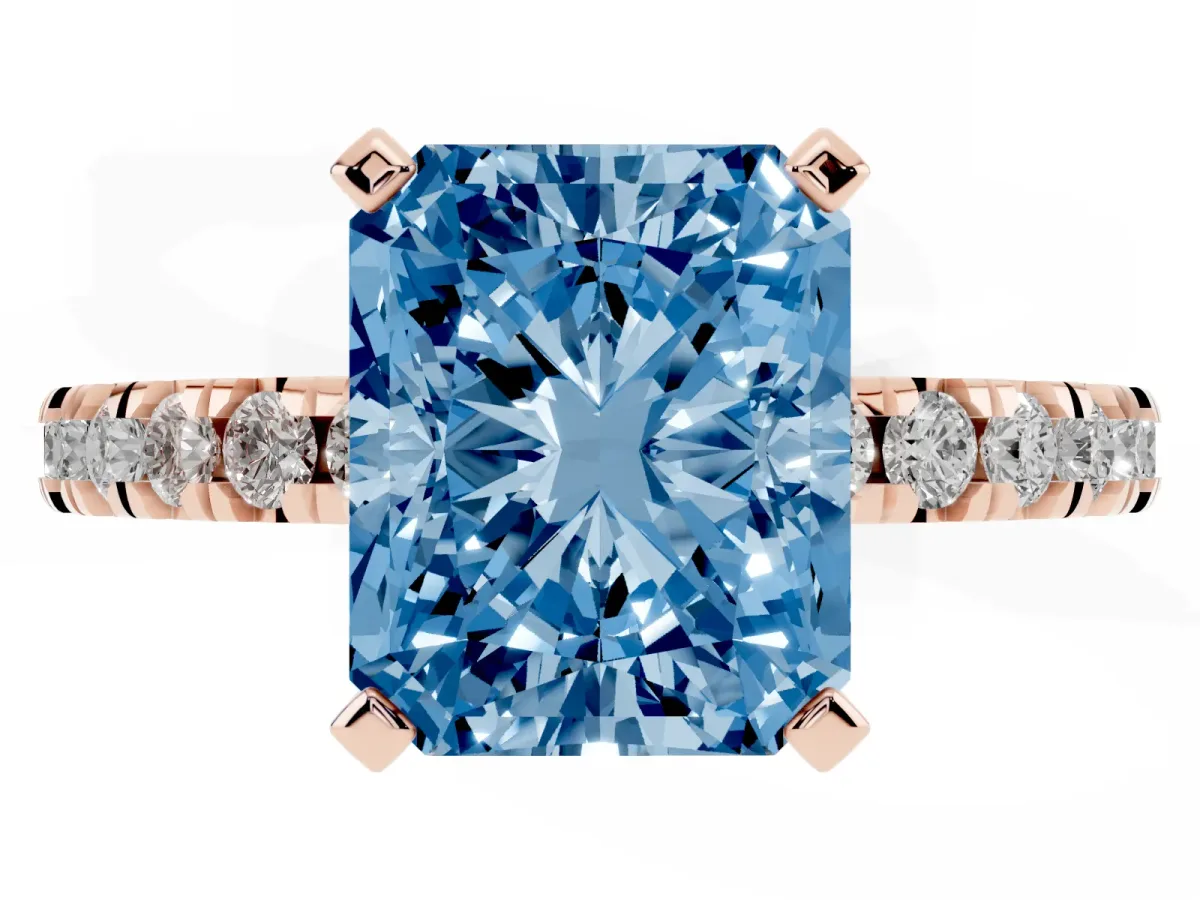 Fancy Blue Radiant Cut Diamond Pavé Band Solitaire with Four-Prong Setting Rose gold
