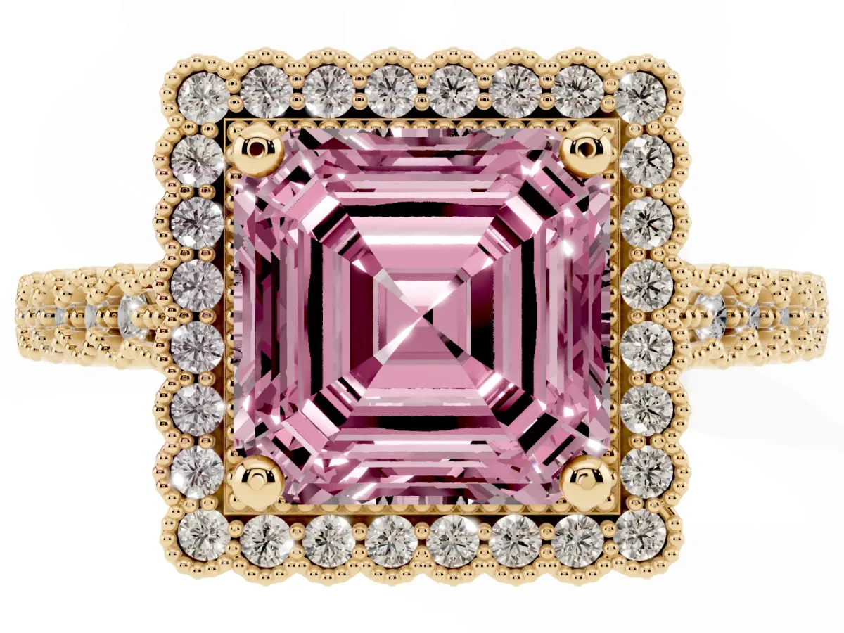 Fancy Pink Asscher Cut Cut Halo Pavé Solitaire Ring with Milgrain Band Yellow gold
