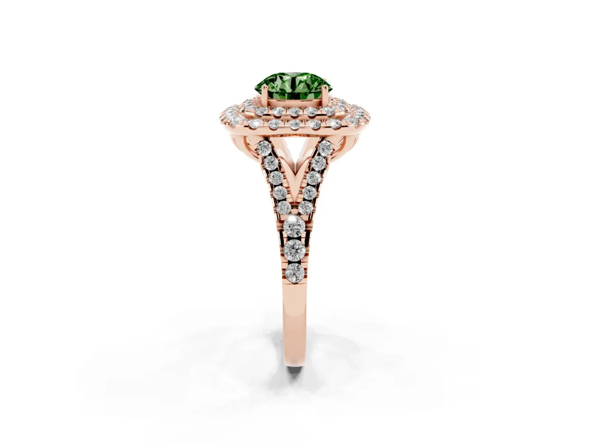 Fancy Green Double Halo Round Cut Diamond Pavé Split Shank Ring with Prong Setting Rose gold